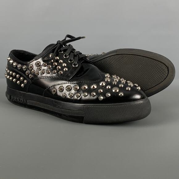 PRADA Size 7.5 Black Leather Studded Lace Up Laces - Picture 5 of 8